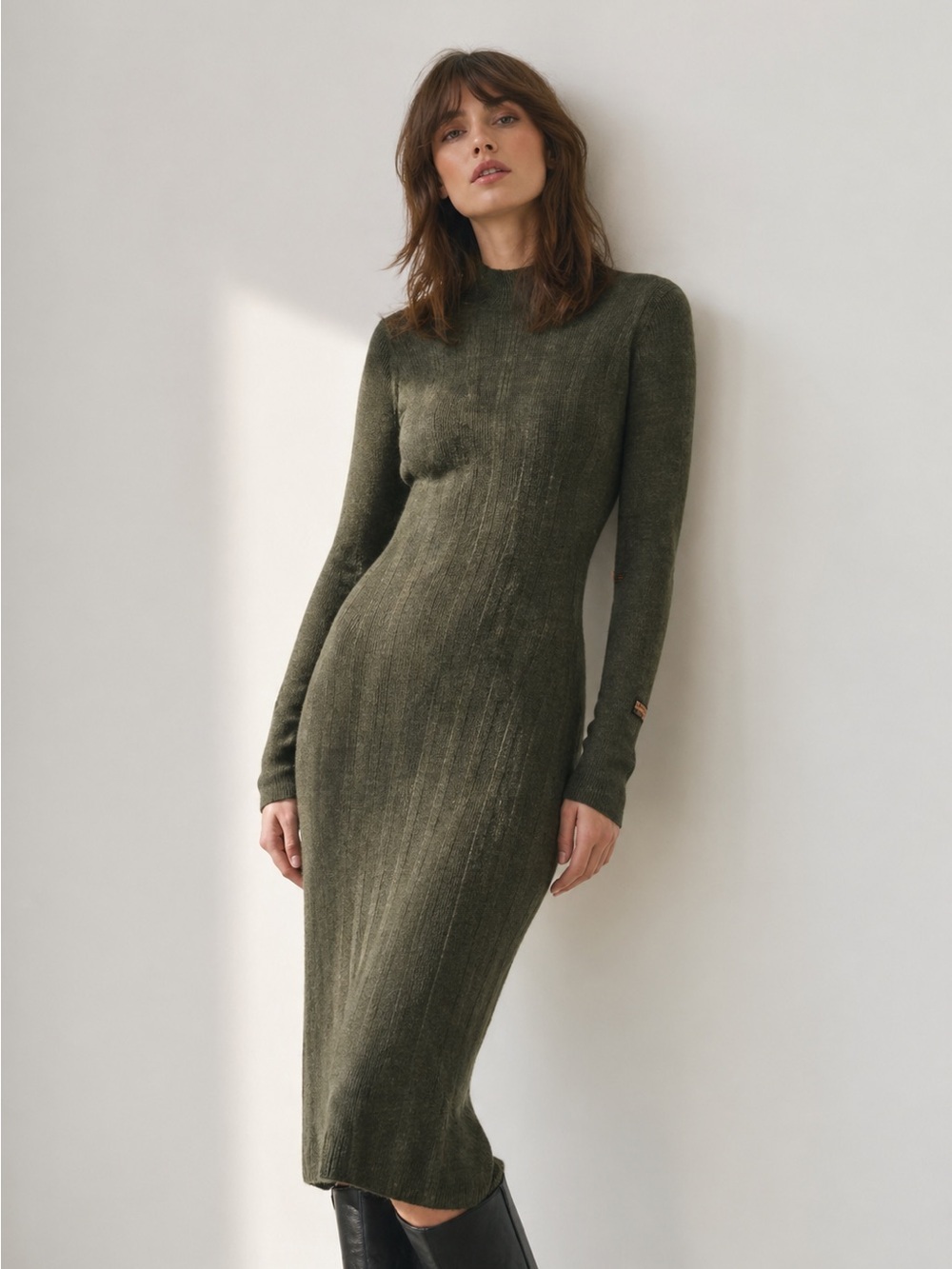 G-STAR RAW Rib Mock 100% Merino Wool Knitted Dress in Olive Green